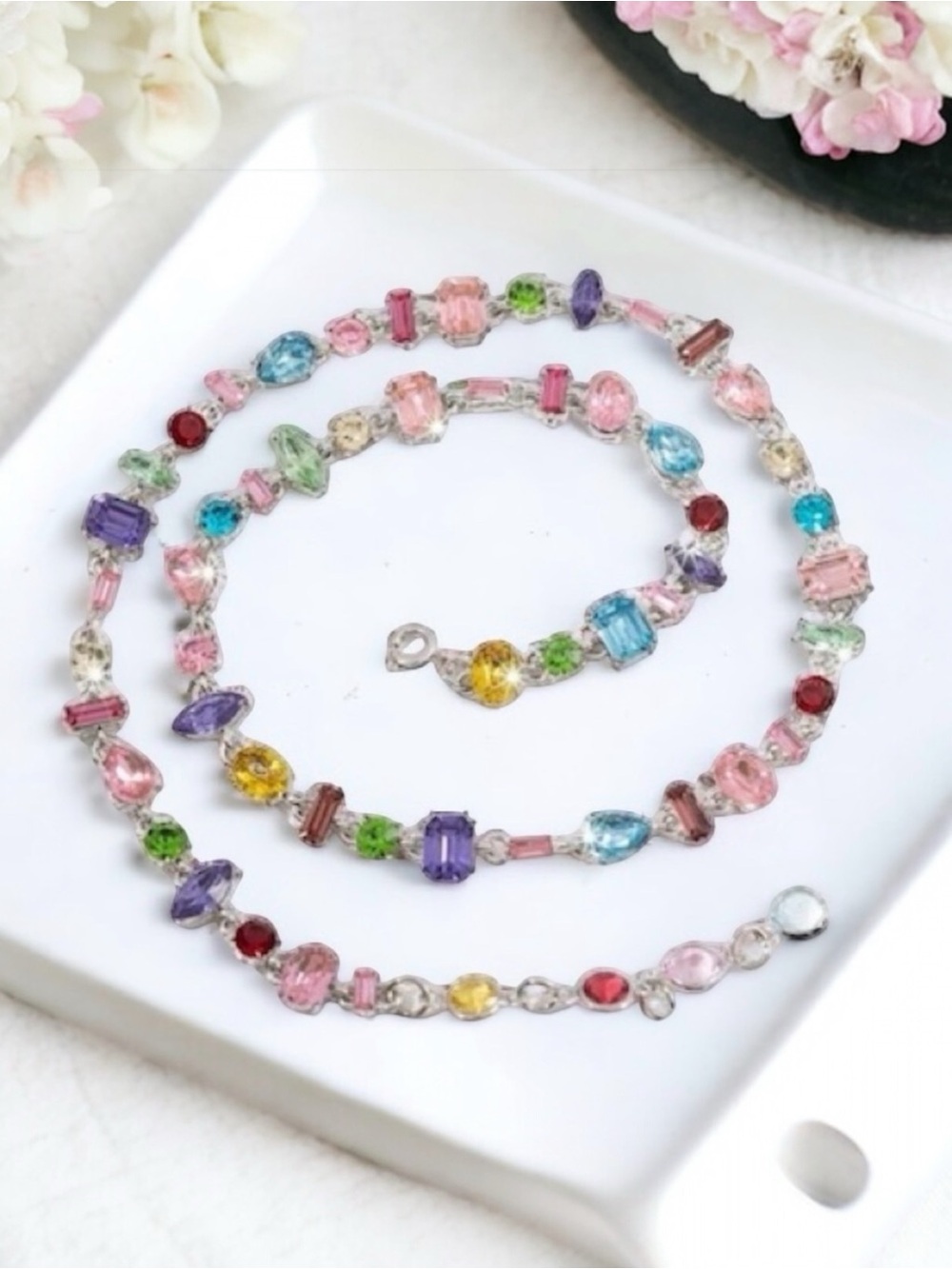 White Gold Plated Multicolour Crystal Link Necklace –Statement. New.